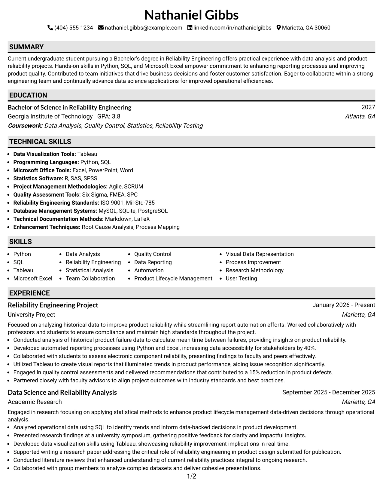 Resume Example Page 1