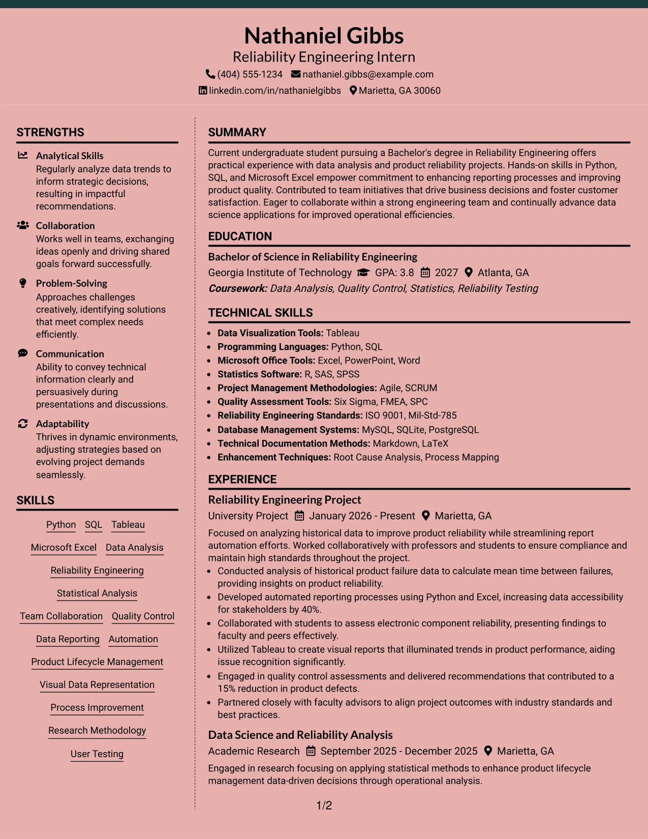 Resume Example Page 1