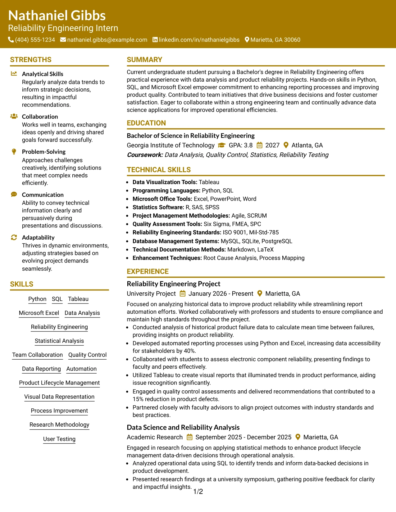 Resume Example Page 1