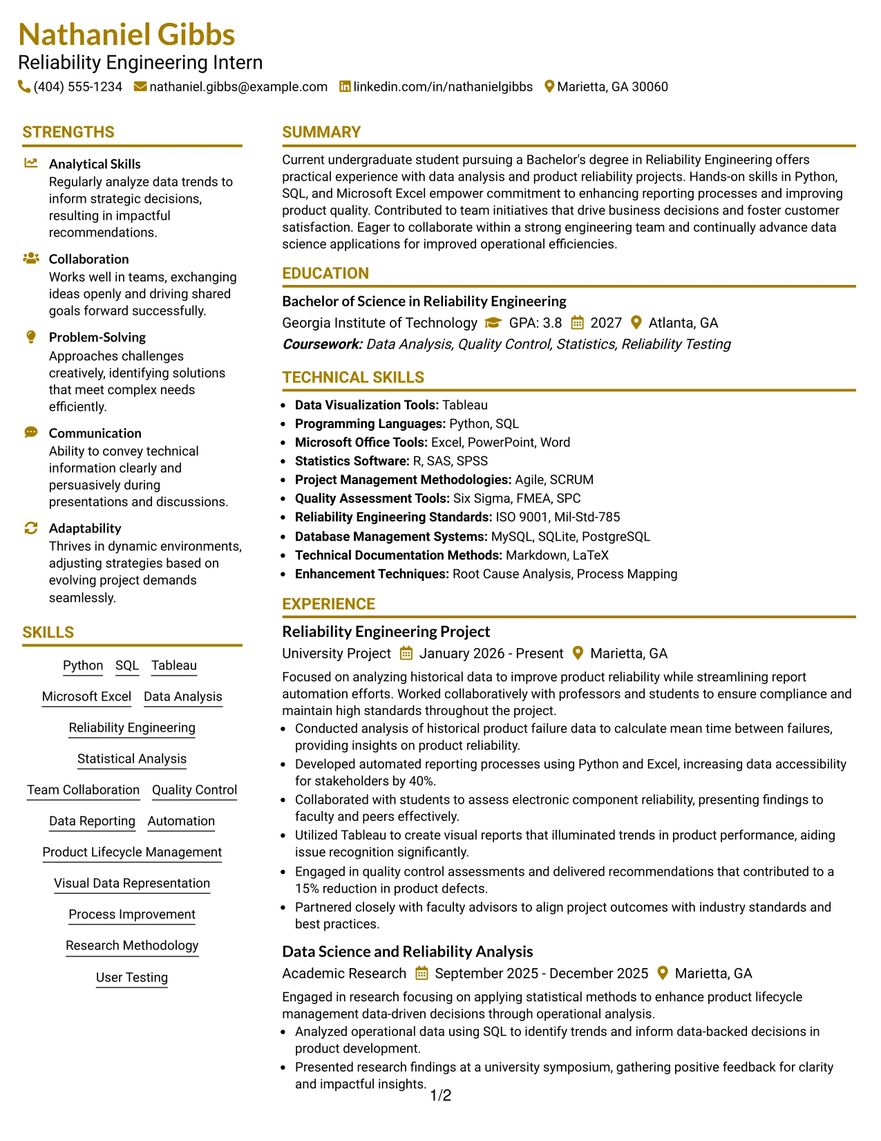 Resume Example Page 1