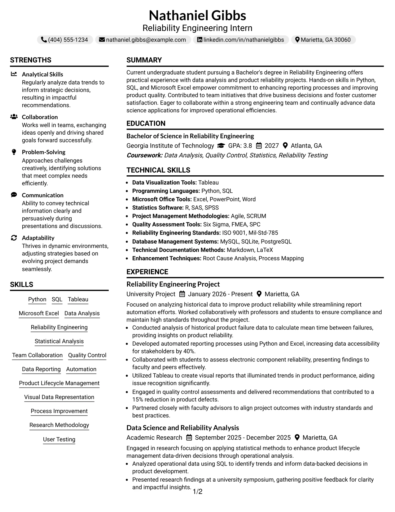 Resume Example Page 1