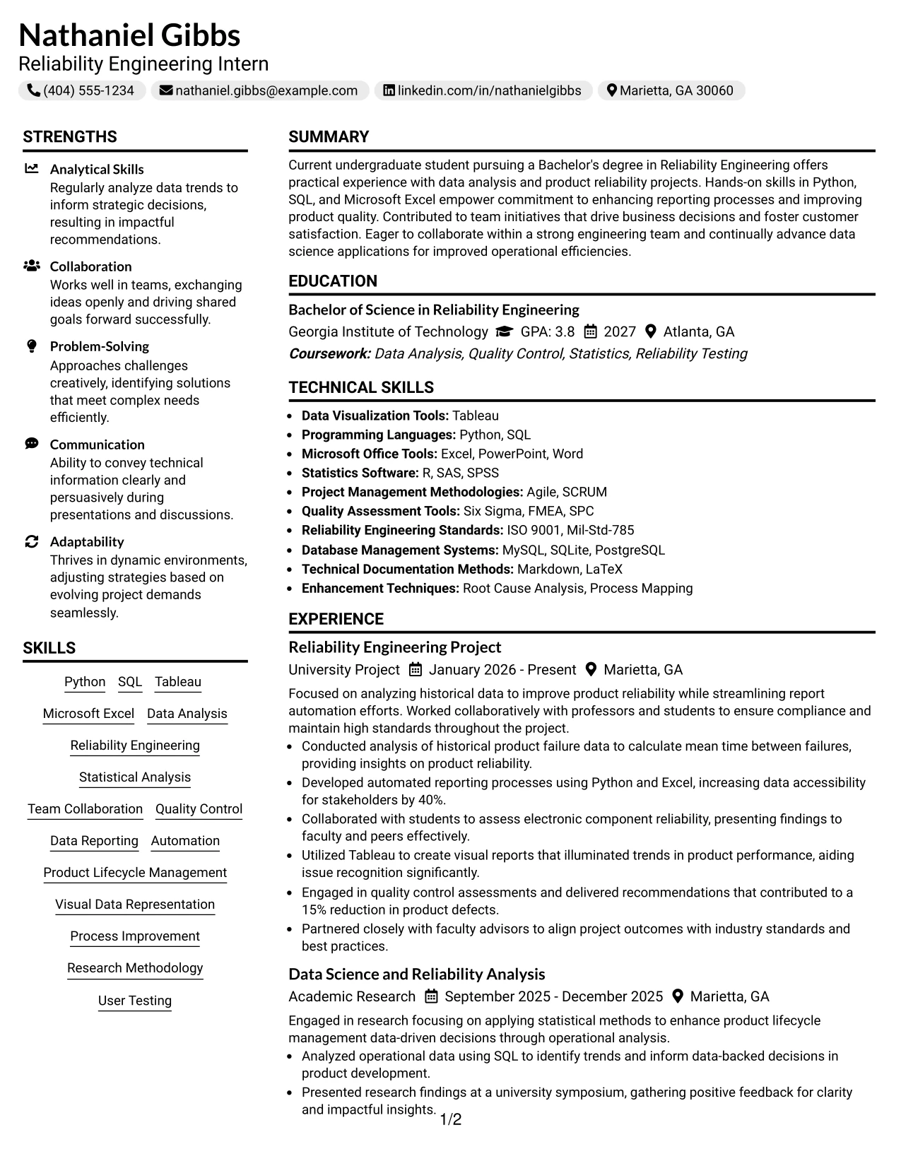 Resume Example Page 1