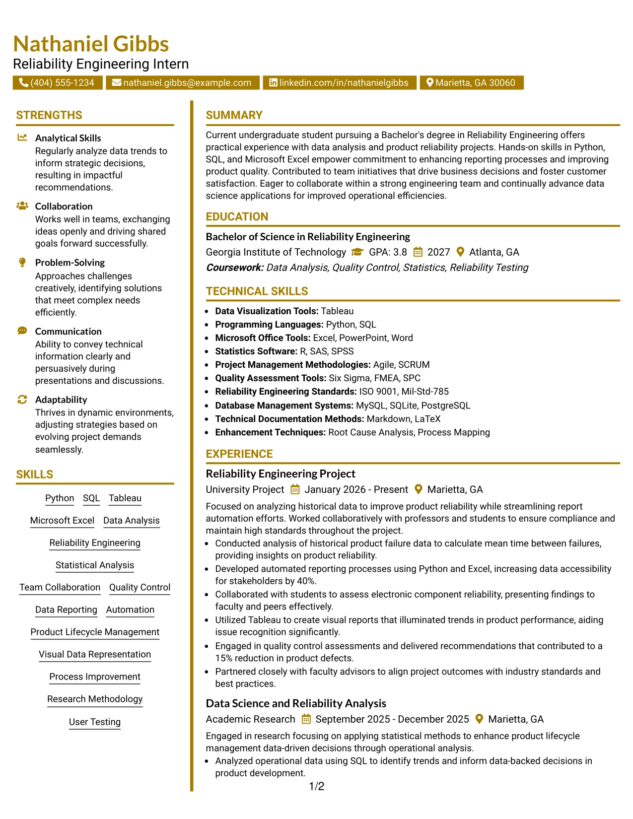 Resume Example Page 1