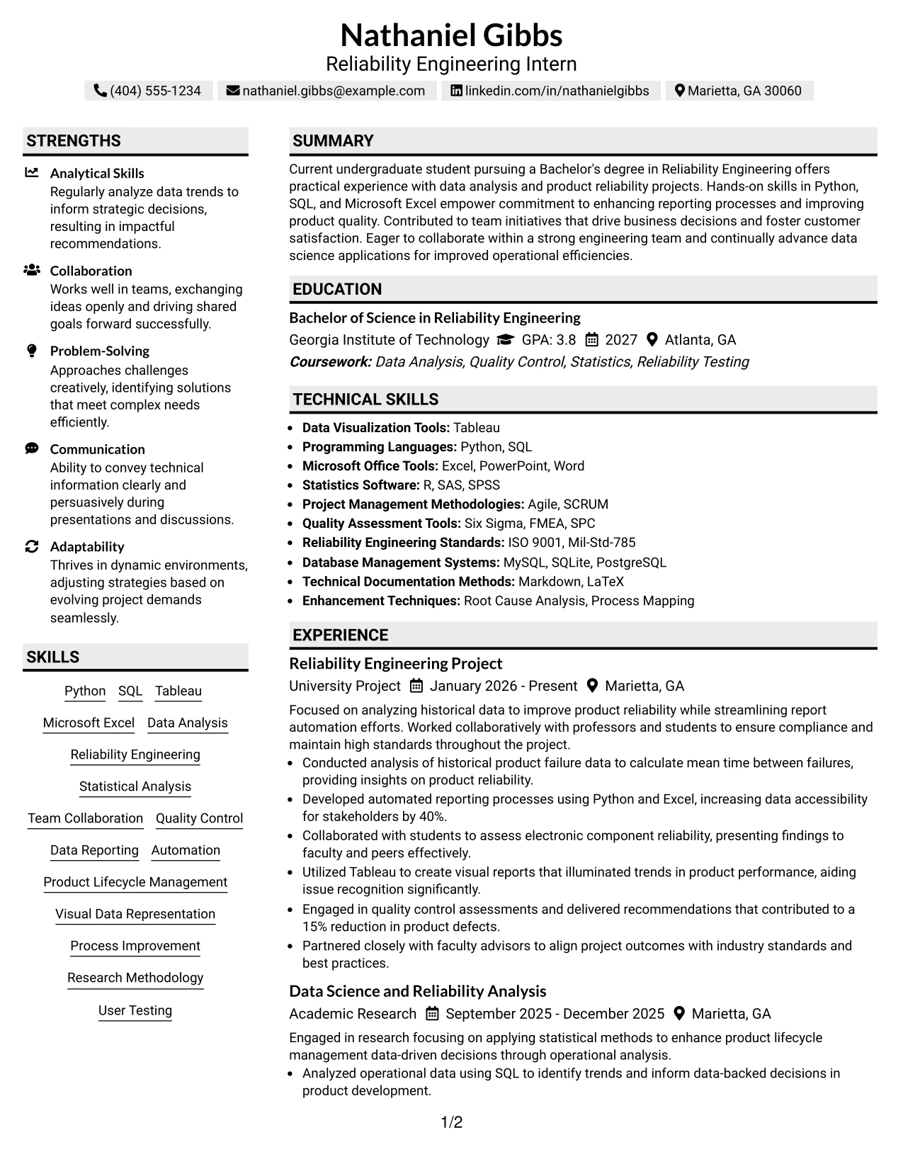 Resume Example Page 1