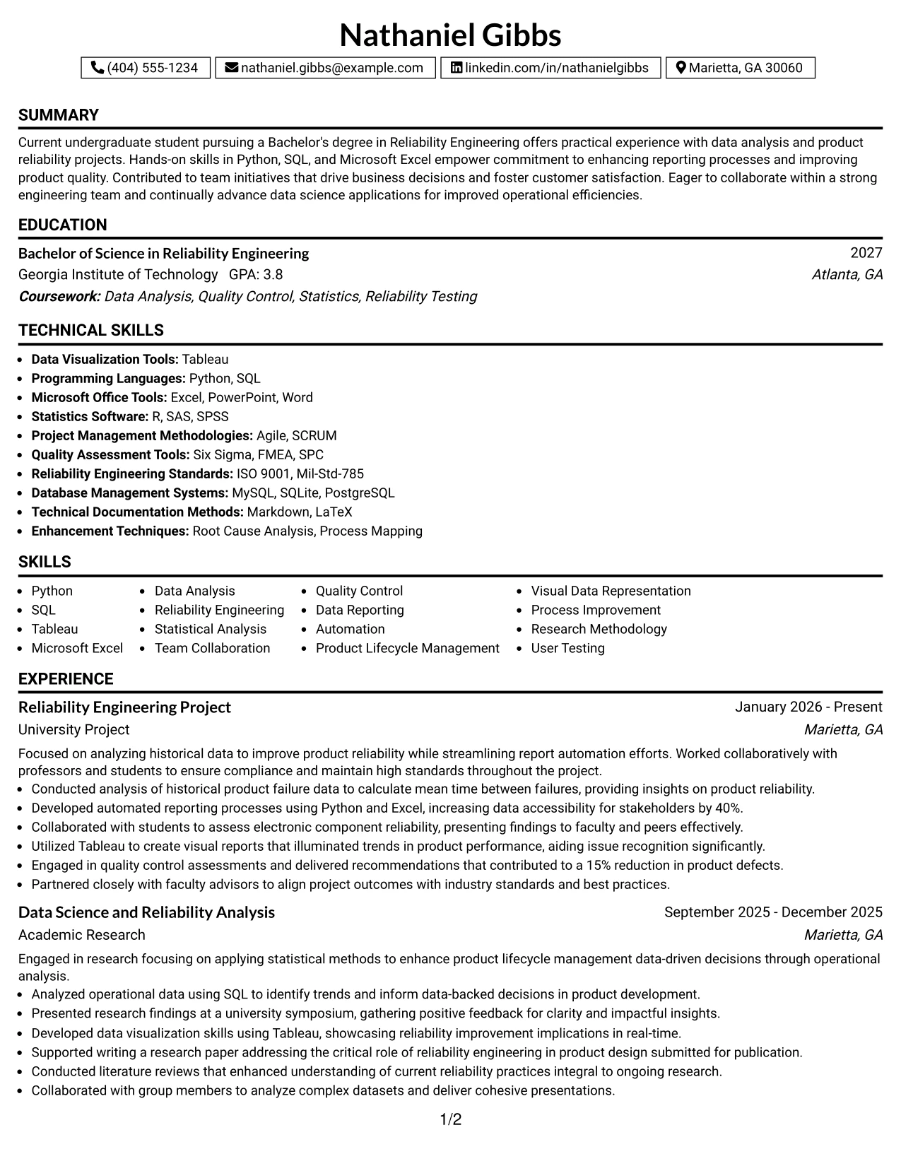 Resume Example Page 1