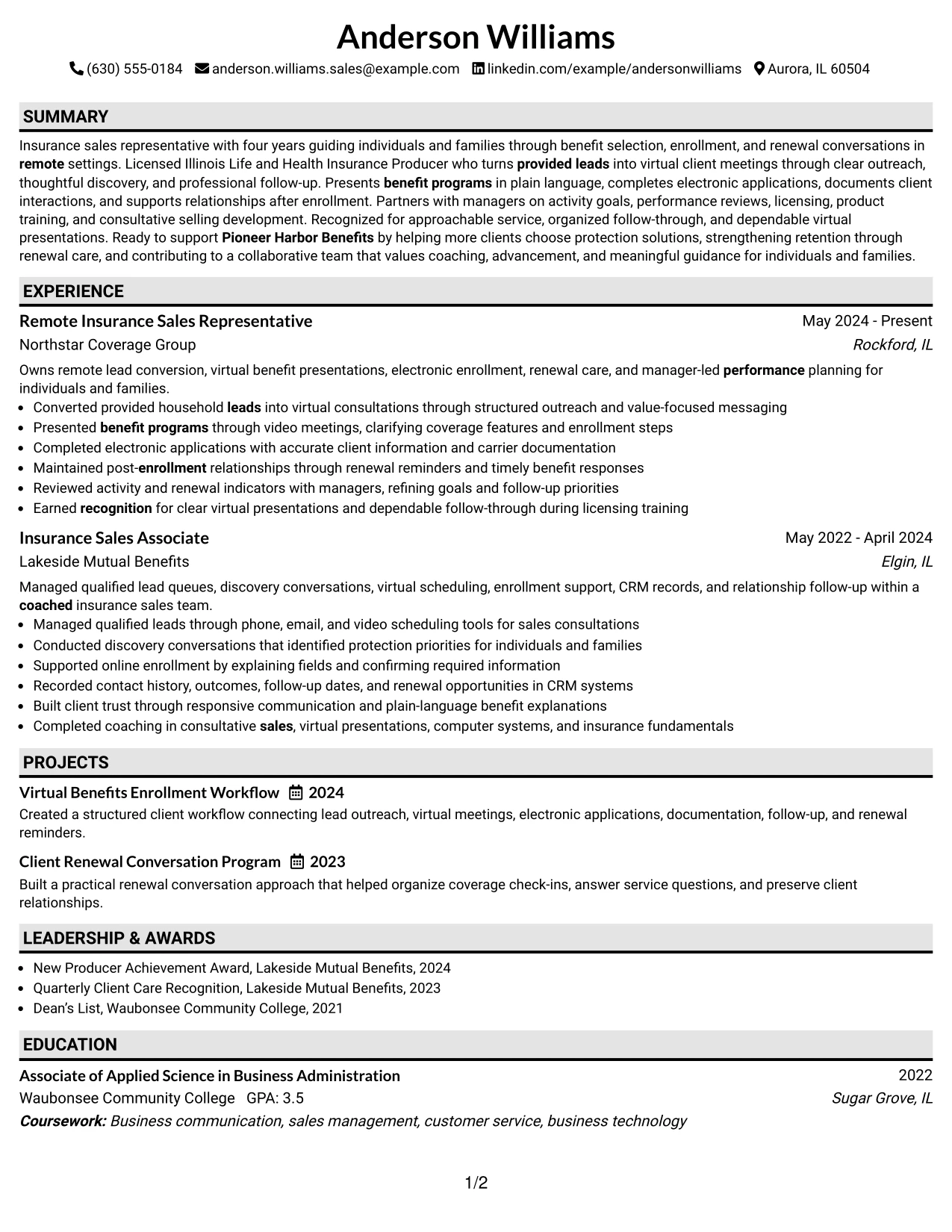 Resume Example Page 1