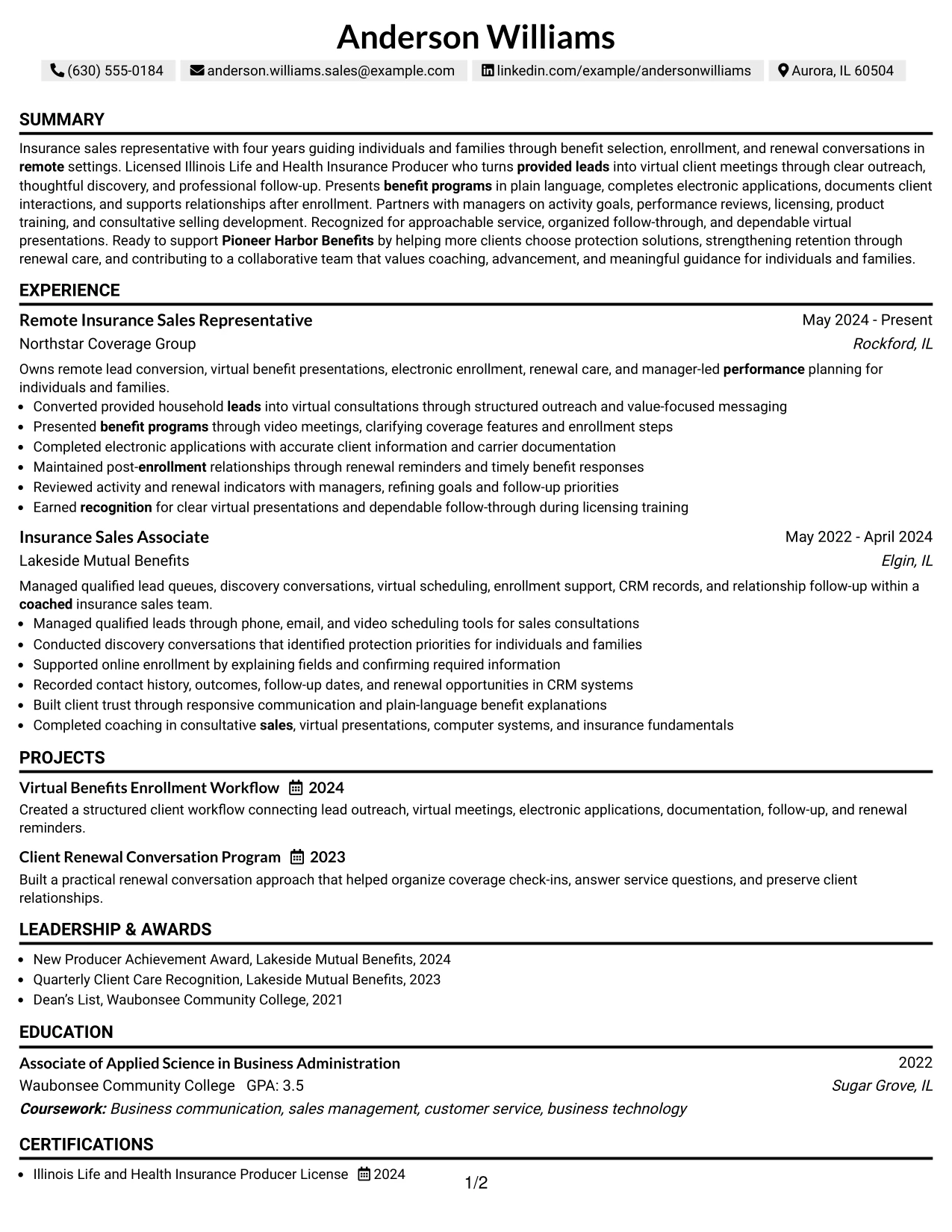 Resume Example Page 1