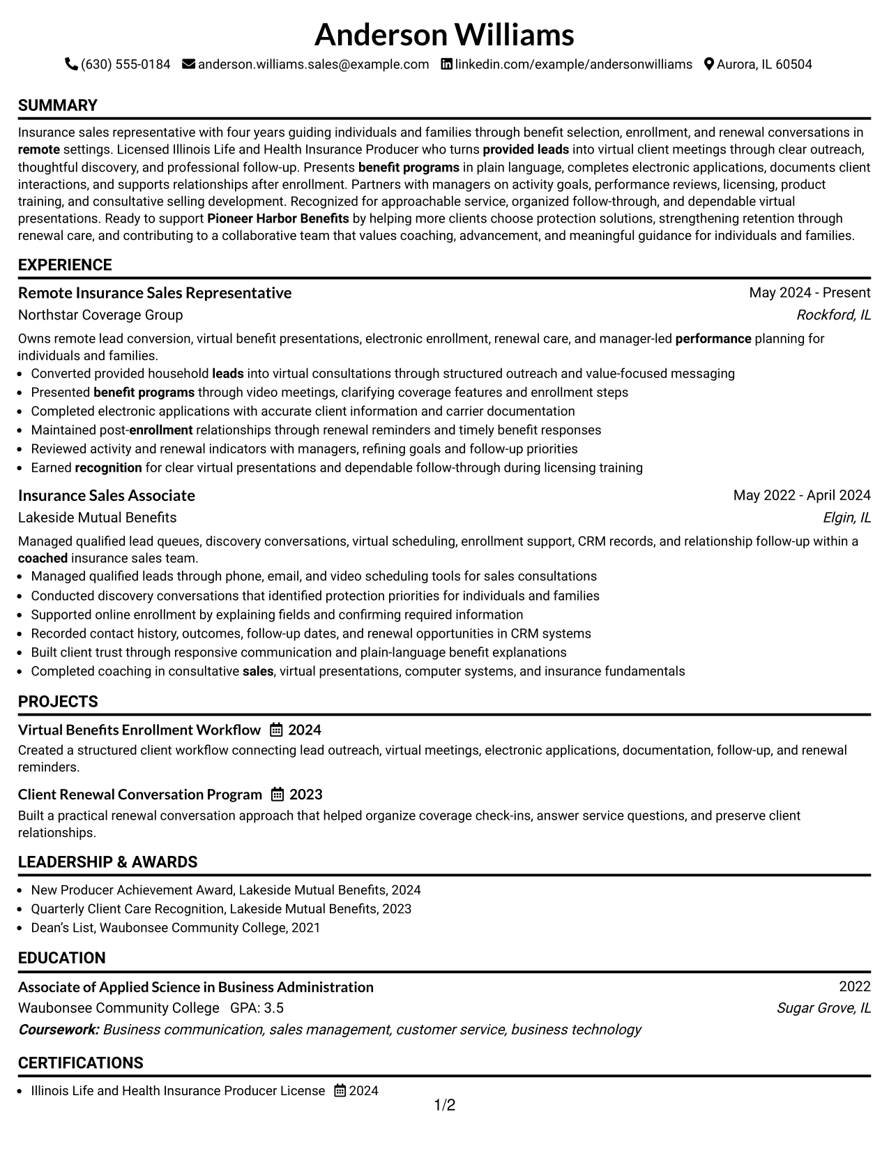 Resume Example Page 1