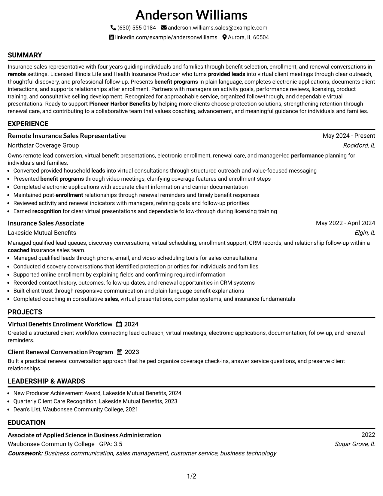 Resume Example Page 1