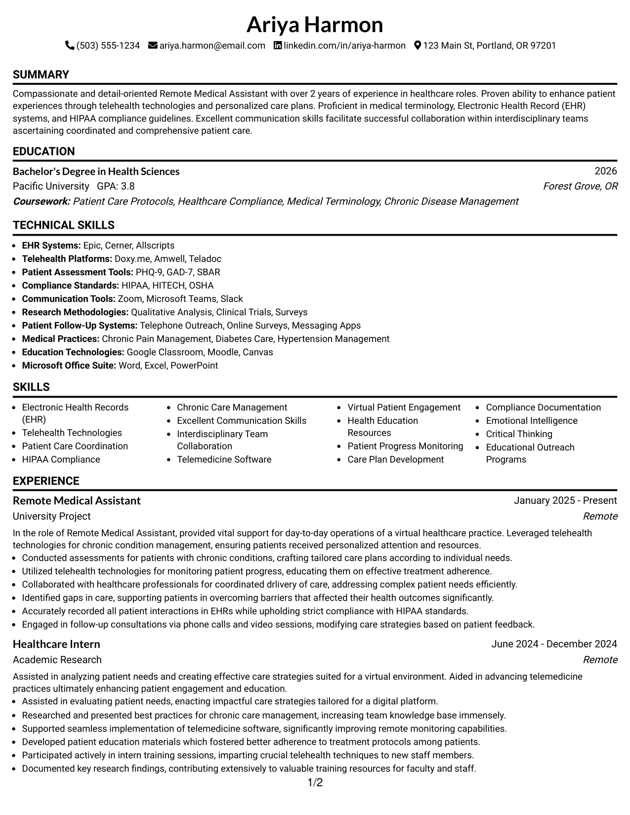 Resume Example Page 1