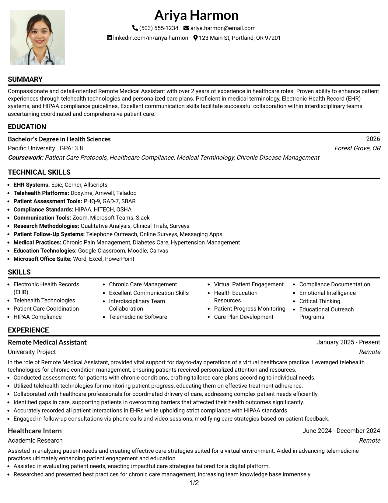 Resume Example Page 1