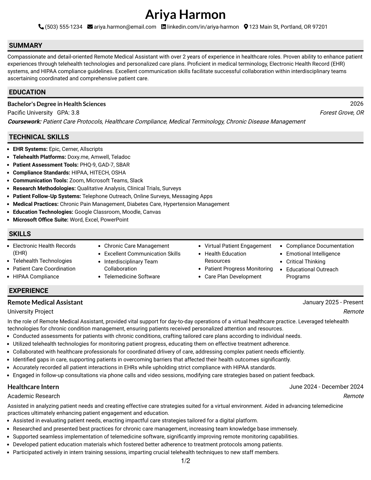 Resume Example Page 1