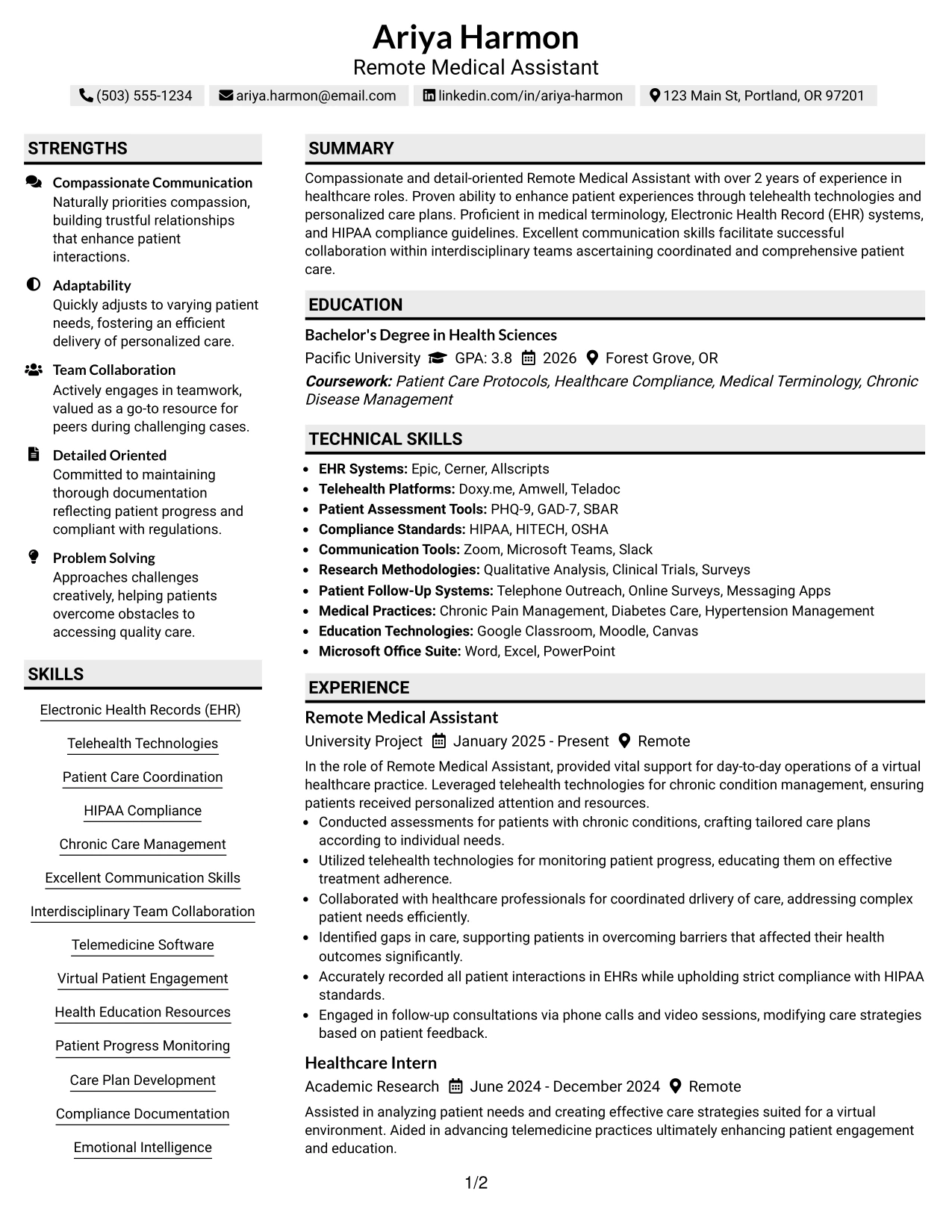 Resume Example Page 1