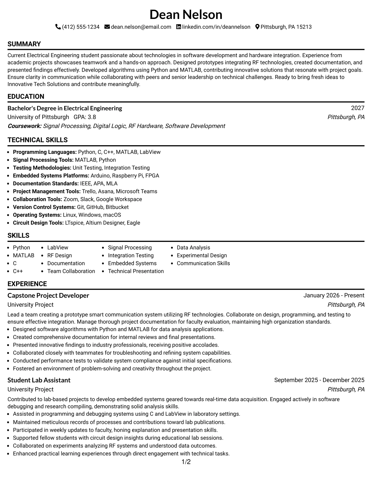 Resume Example Page 1