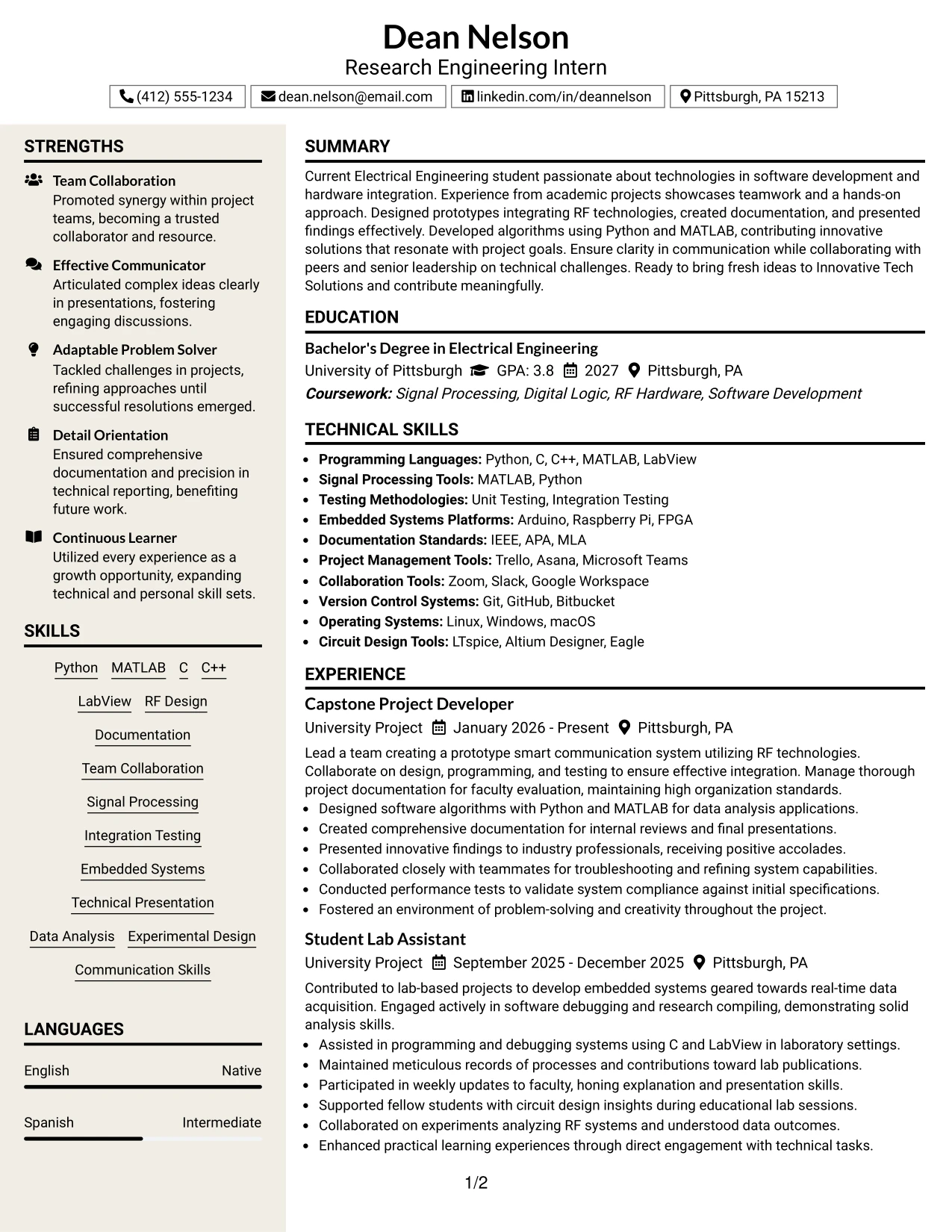 Resume Example Page 1