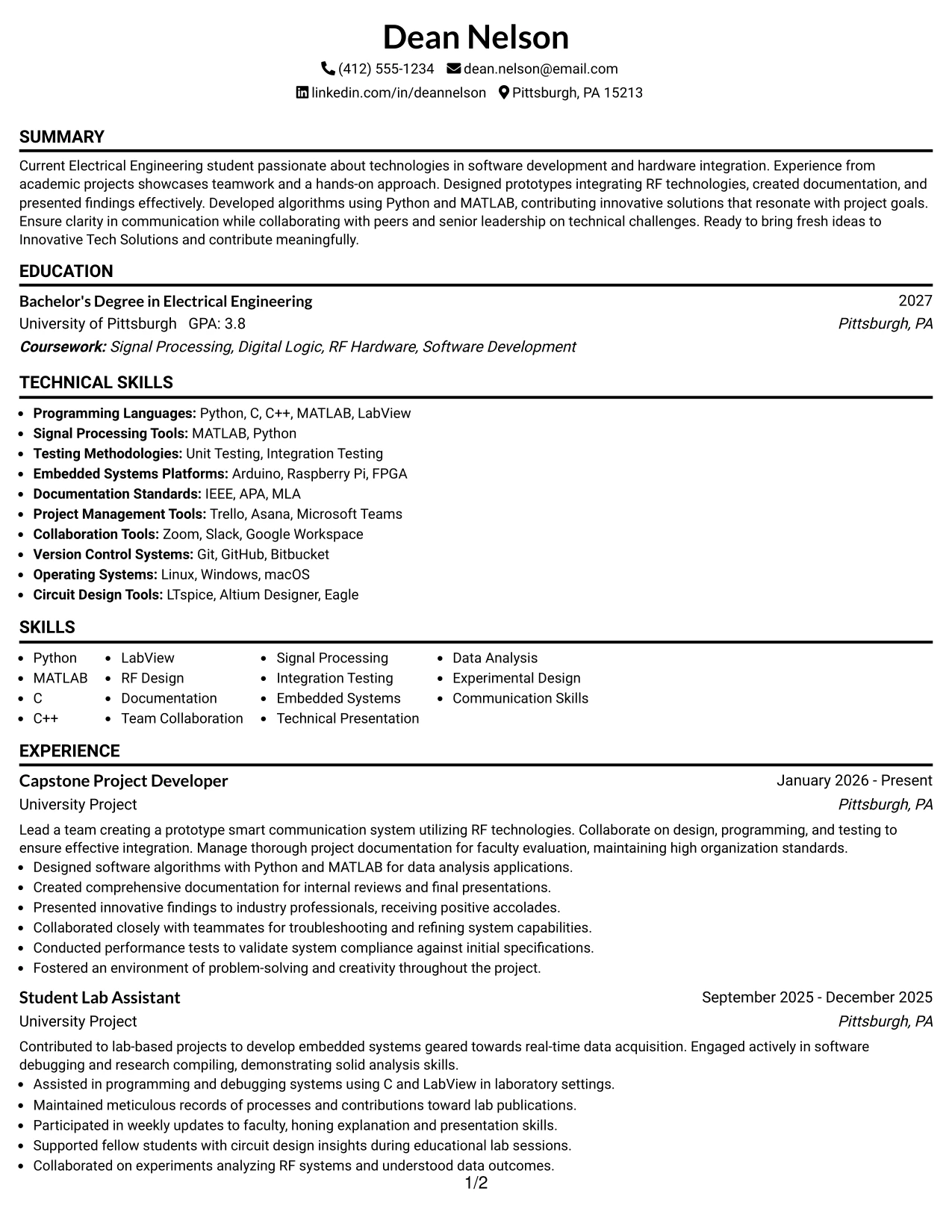 Resume Example Page 1