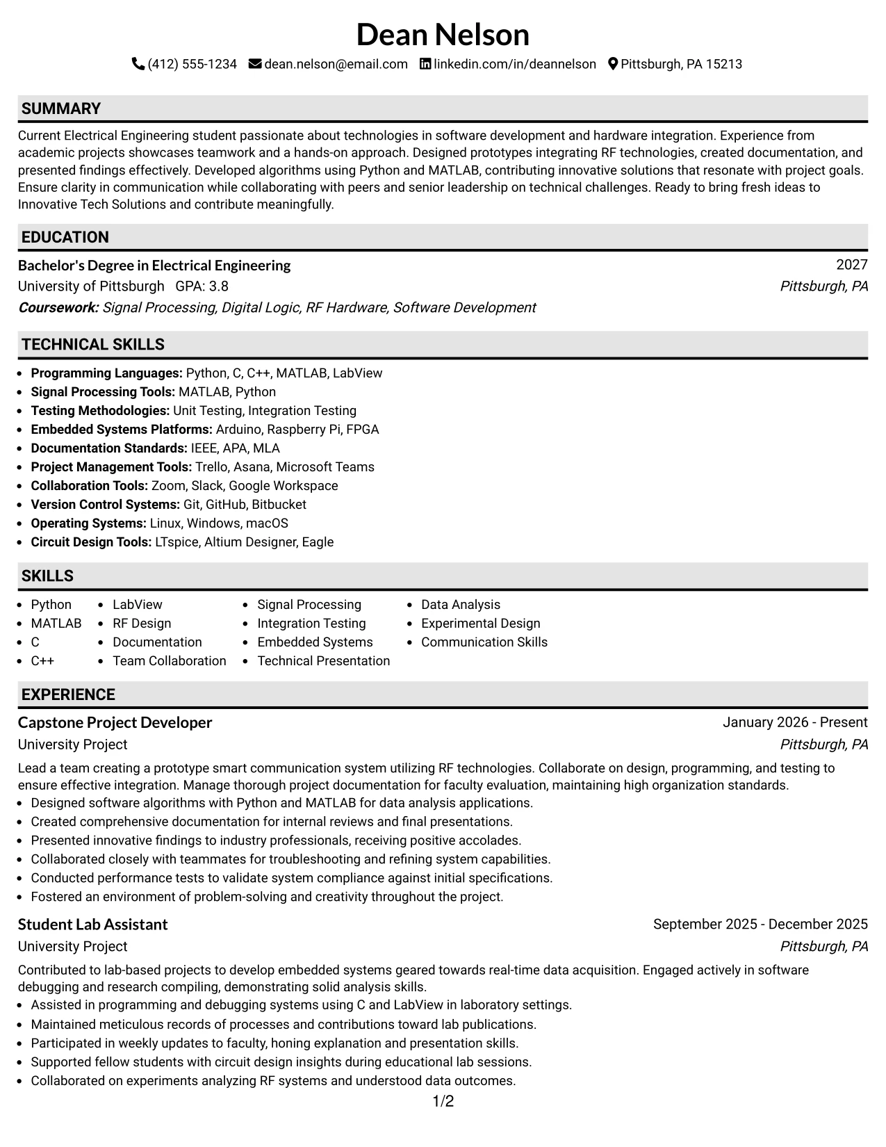 Resume Example Page 1