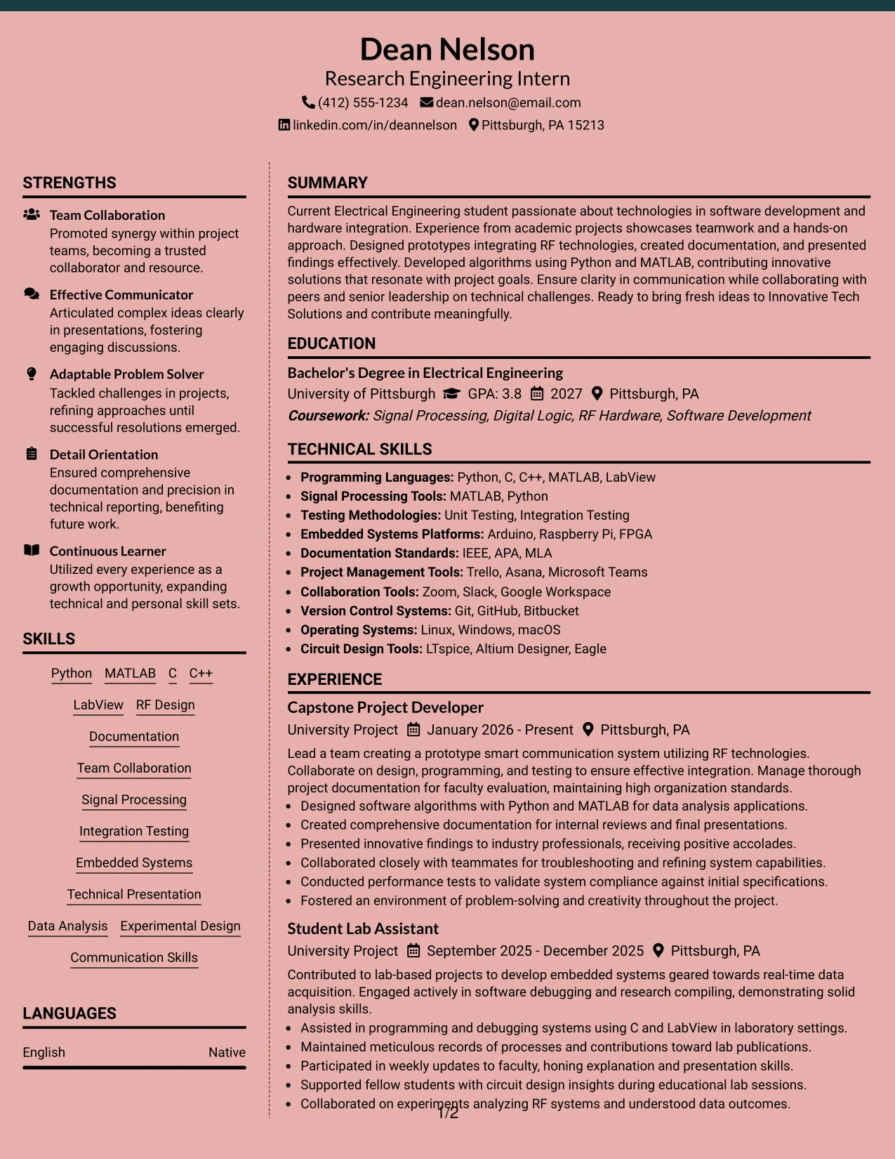 Resume Example Page 1