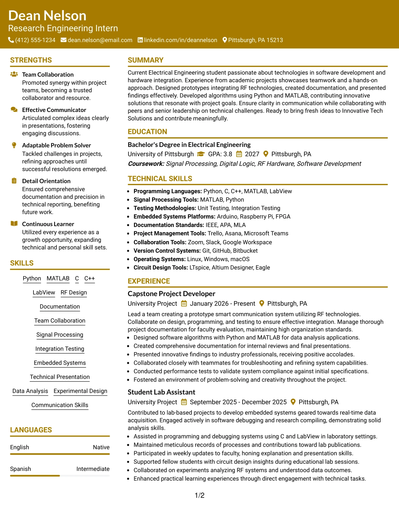 Resume Example Page 1