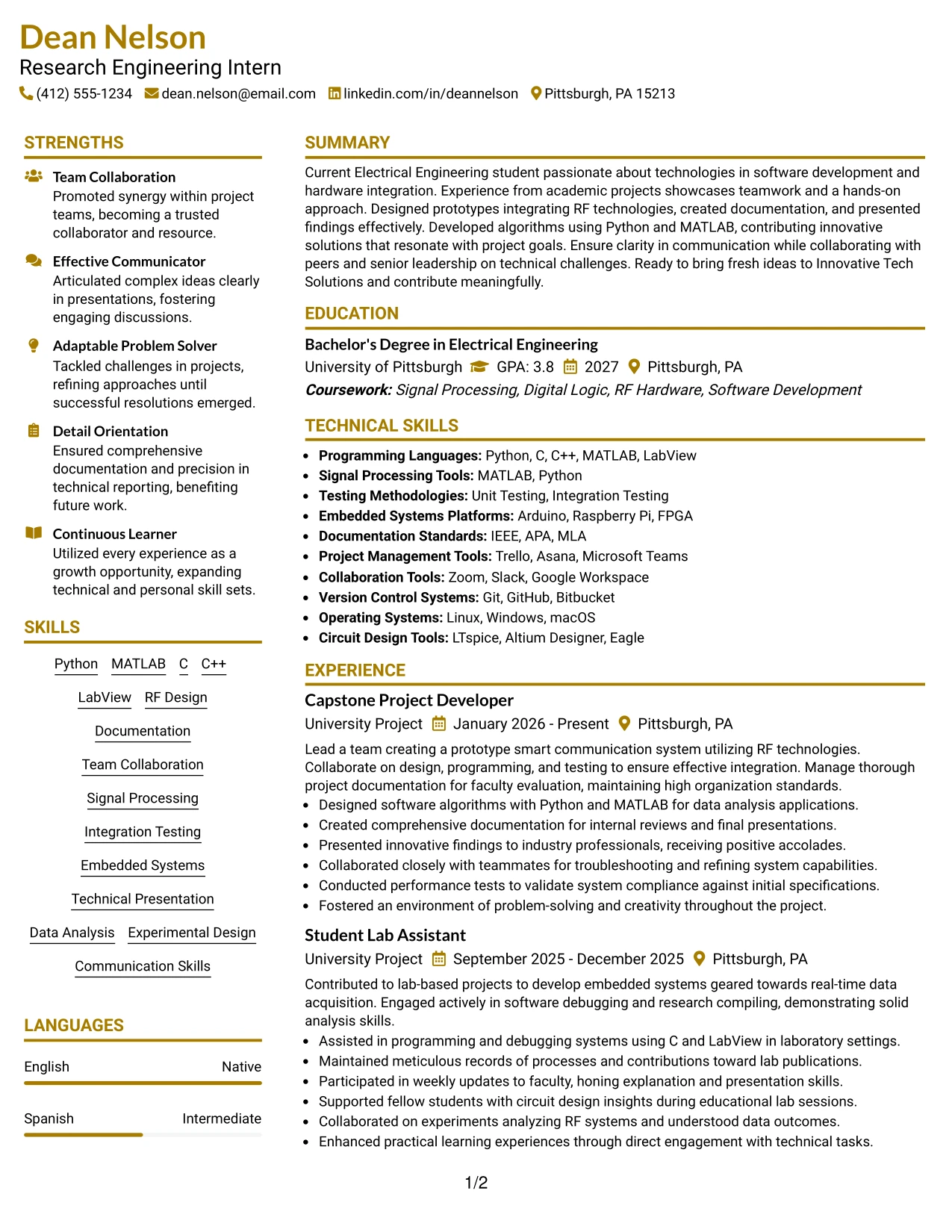 Resume Example Page 1