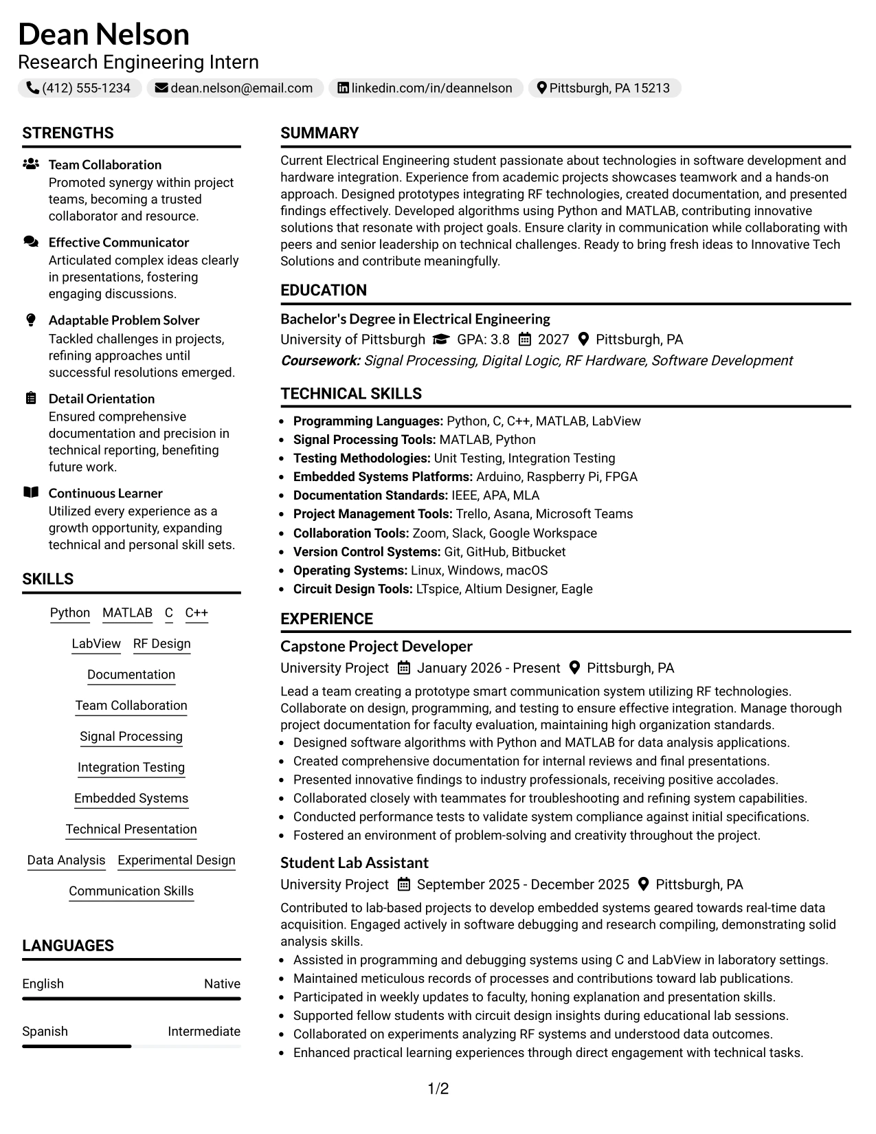 Resume Example Page 1
