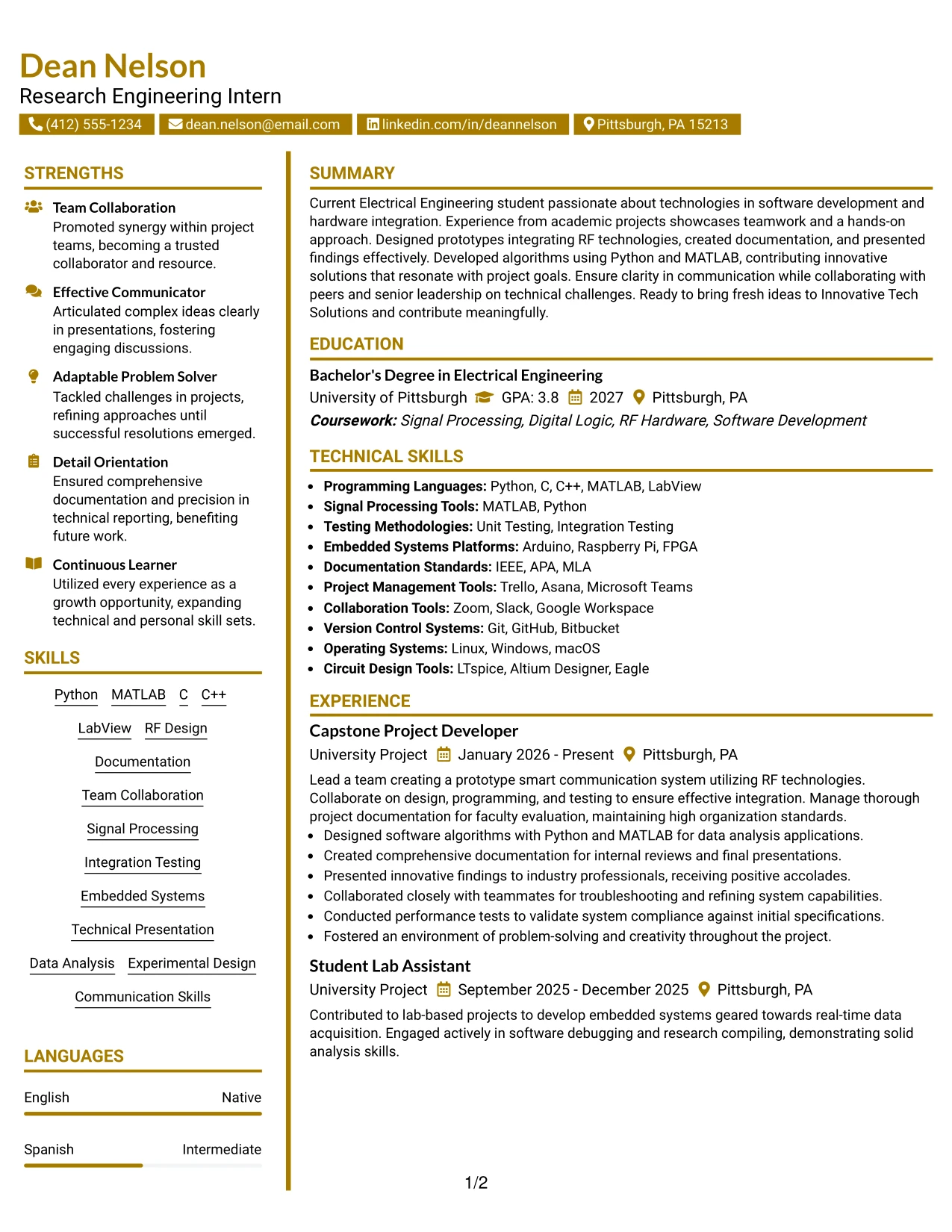 Resume Example Page 1