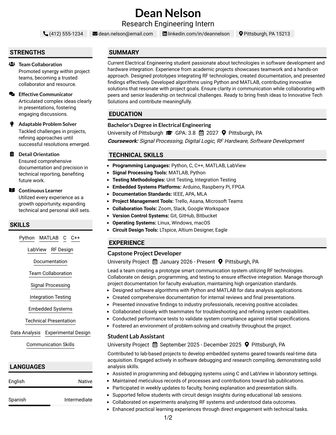 Resume Example Page 1