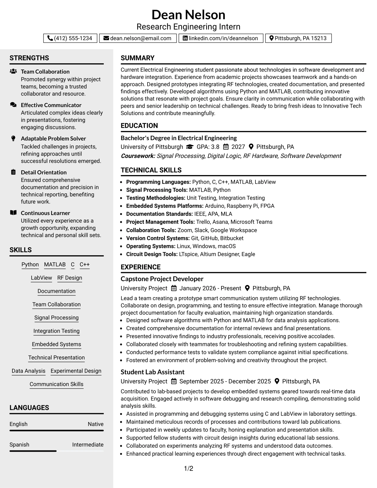 Resume Example Page 1