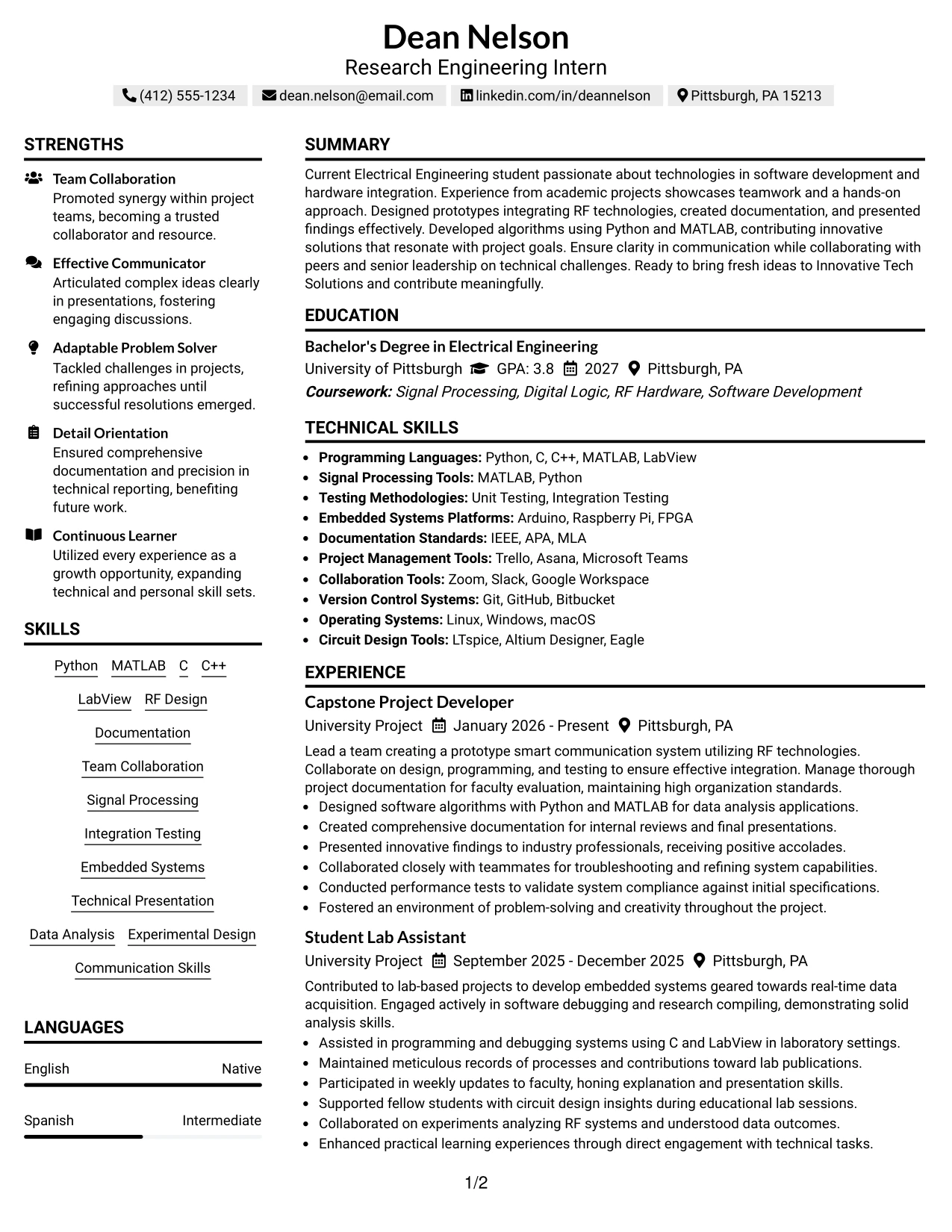 Resume Example Page 1
