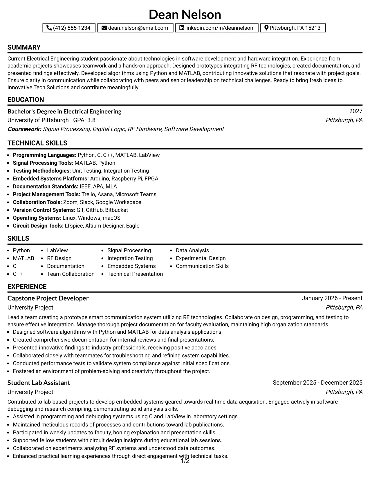 Resume Example Page 1