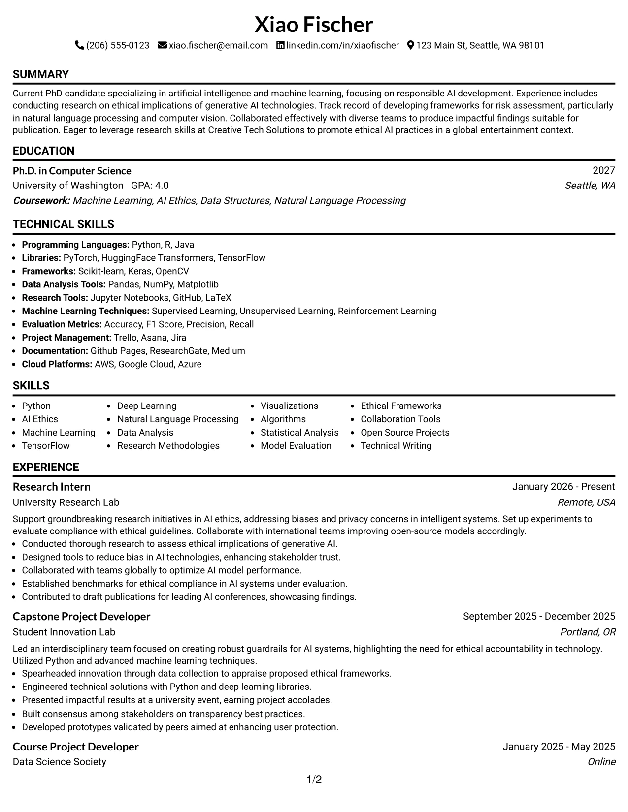 Resume Example Page 1