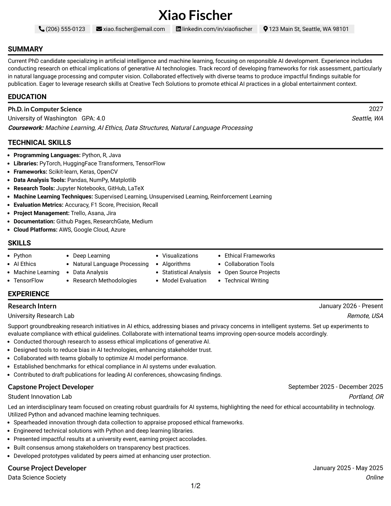 Resume Example Page 1