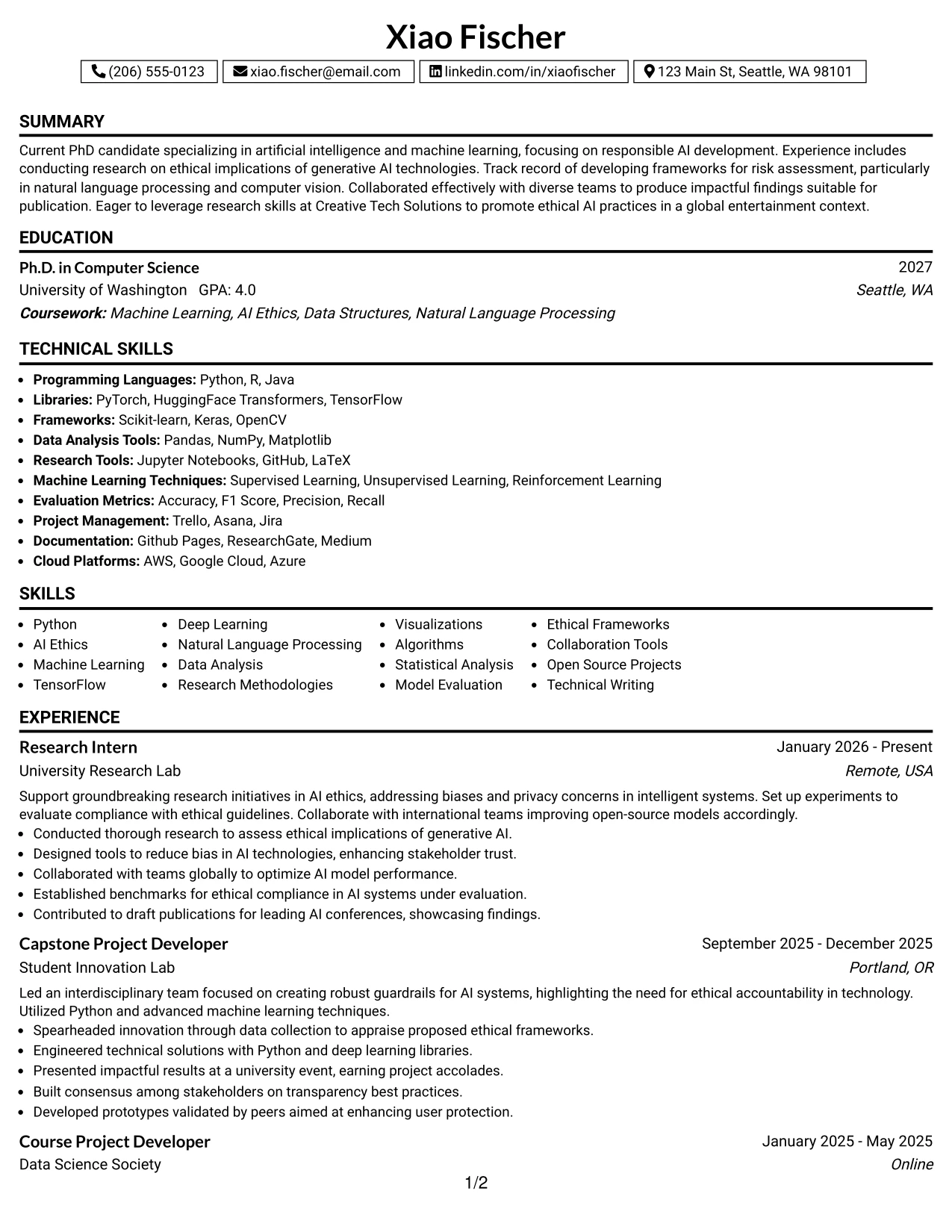 Resume Example Page 1