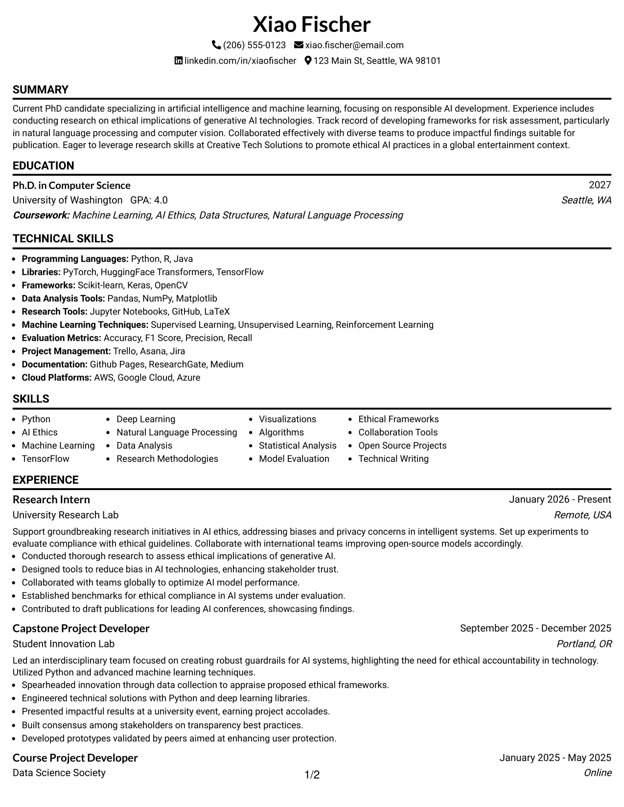 Resume Example Page 1