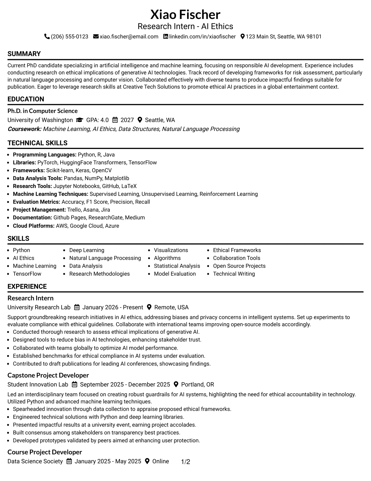 Resume Example Page 1