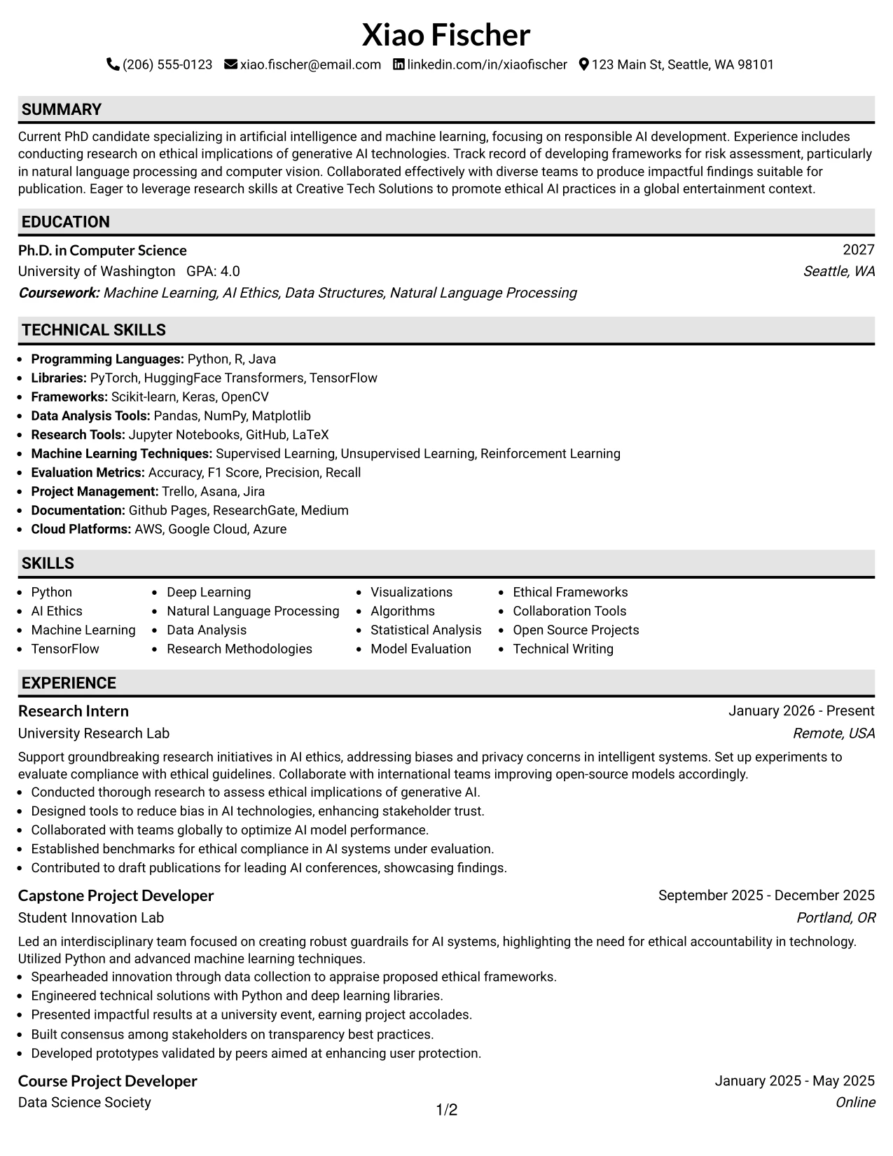 Resume Example Page 1