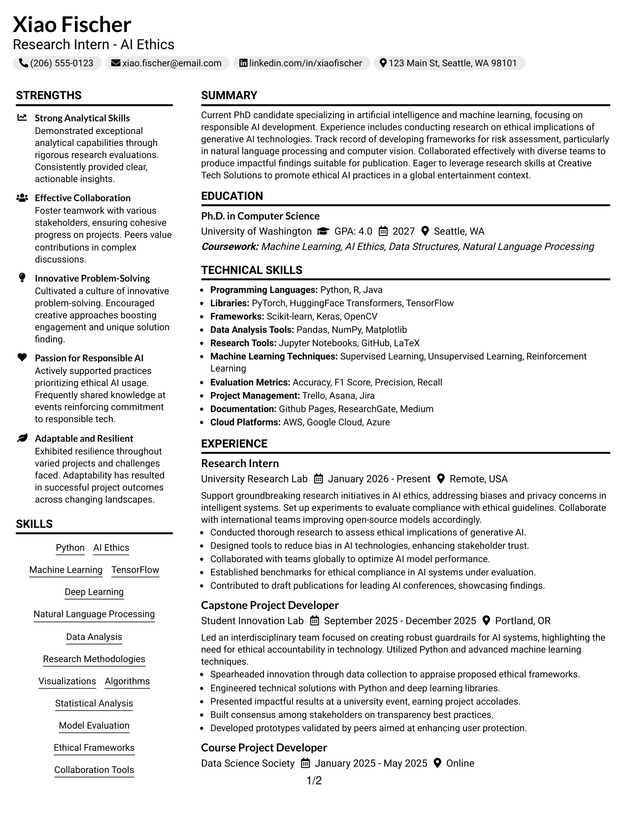 Resume Example Page 1