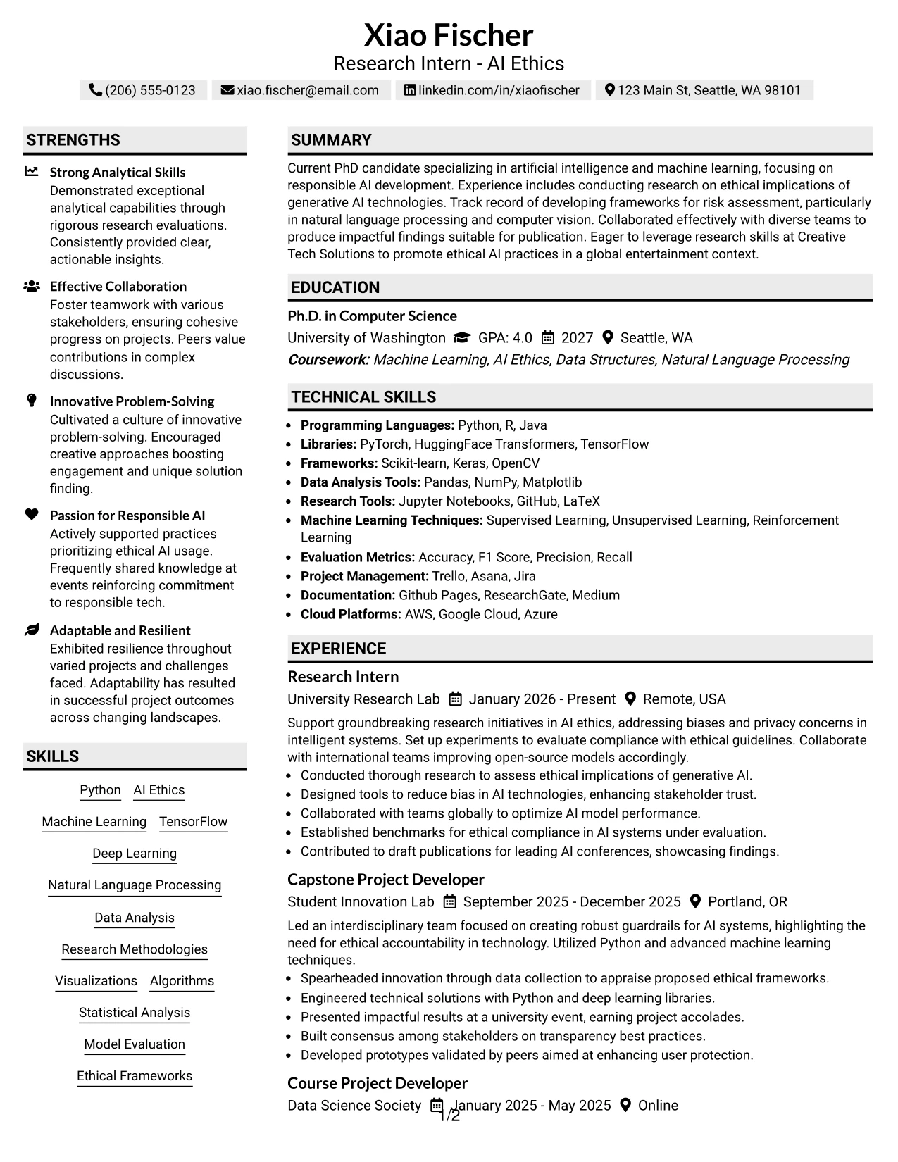 Resume Example Page 1