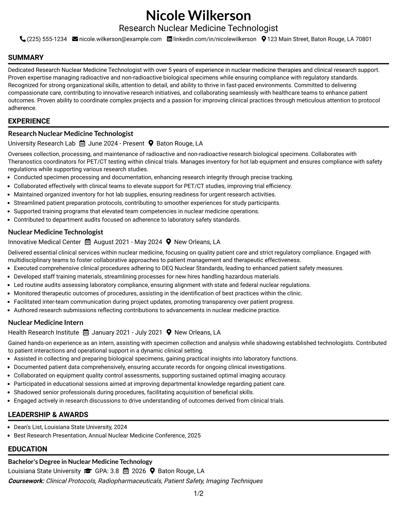 Resume Example Page 1
