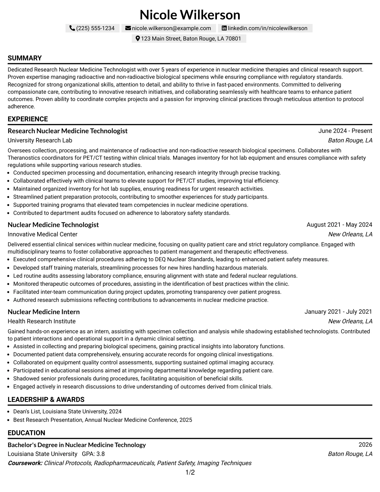 Resume Example Page 1
