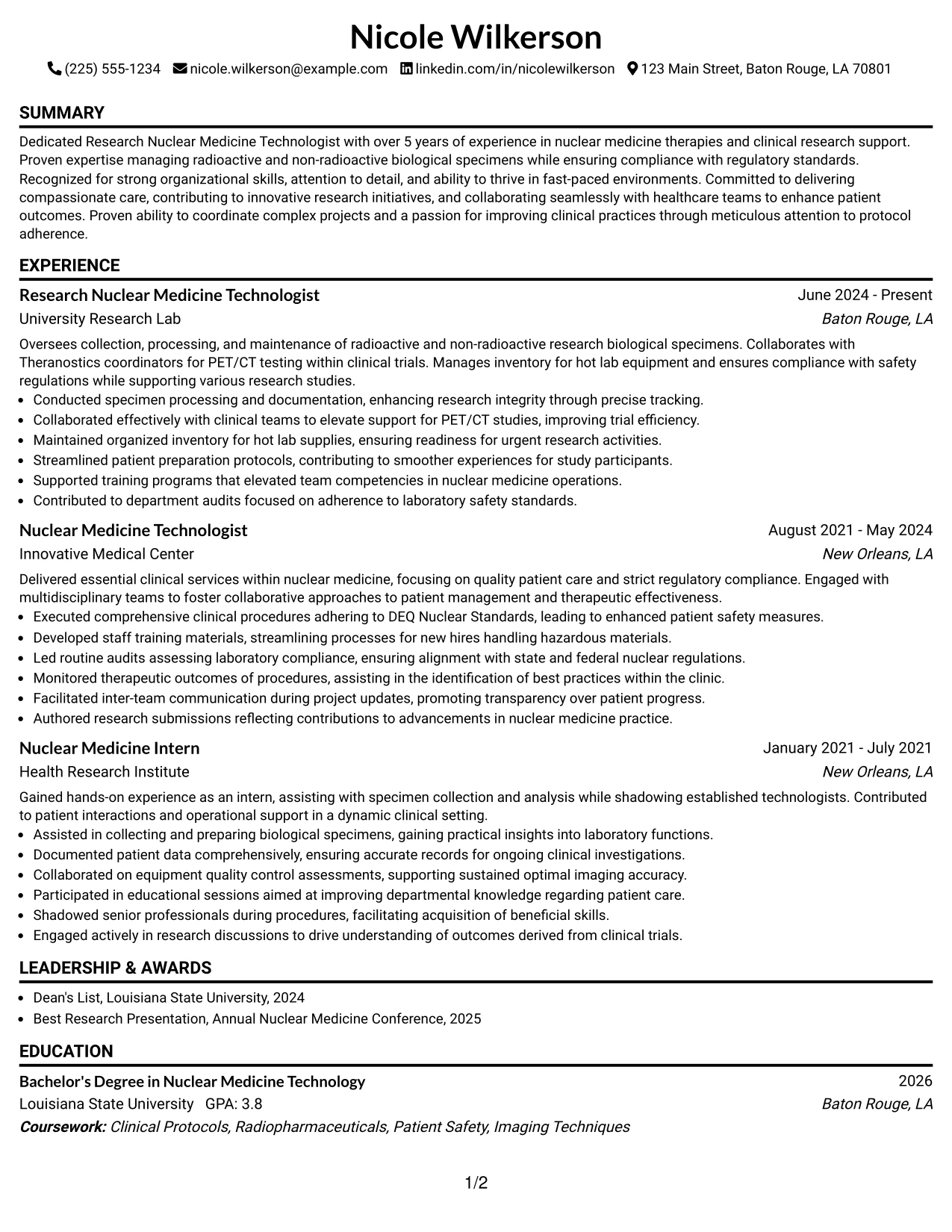 Resume Example Page 1