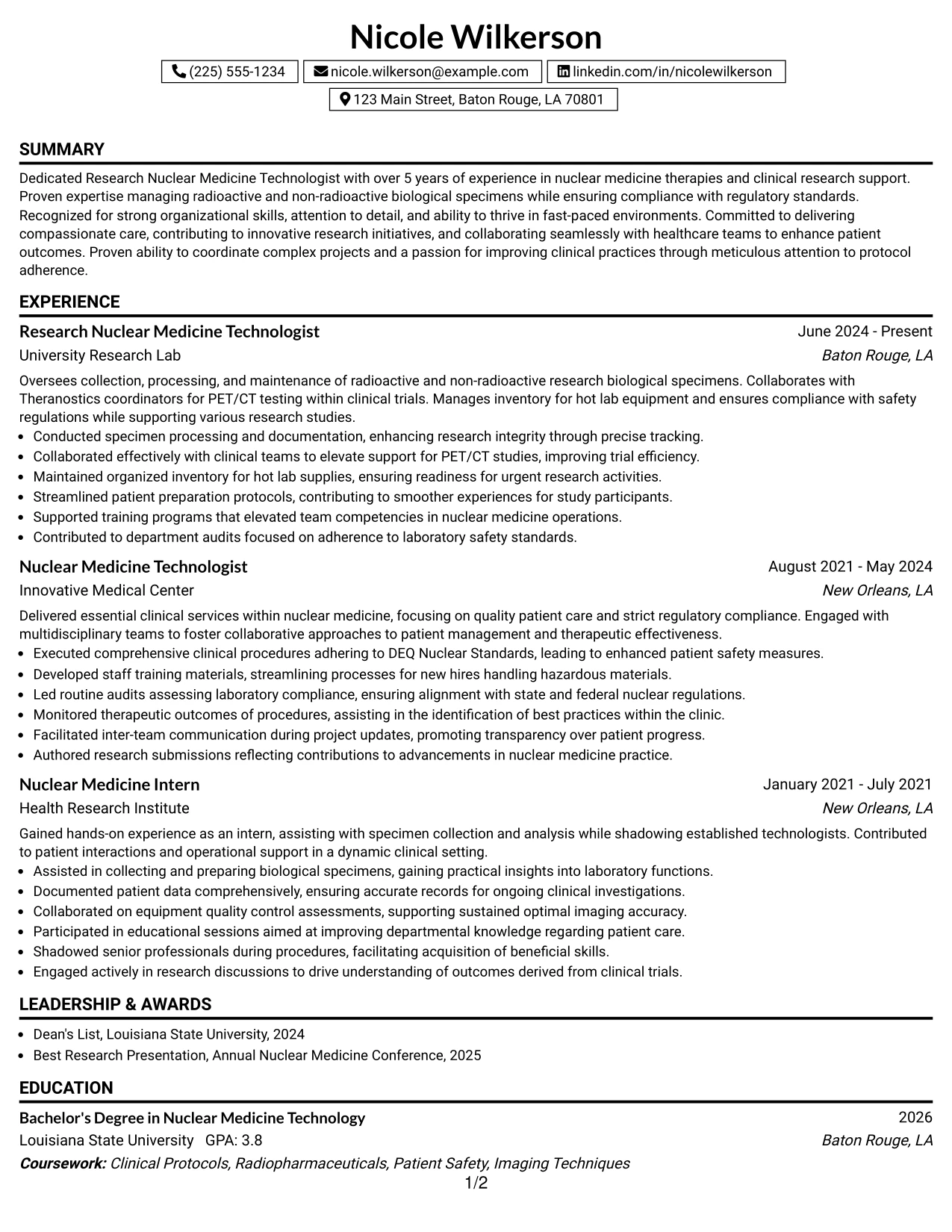 Resume Example Page 1