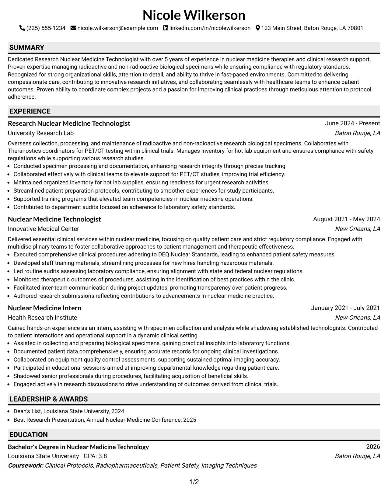 Resume Example Page 1
