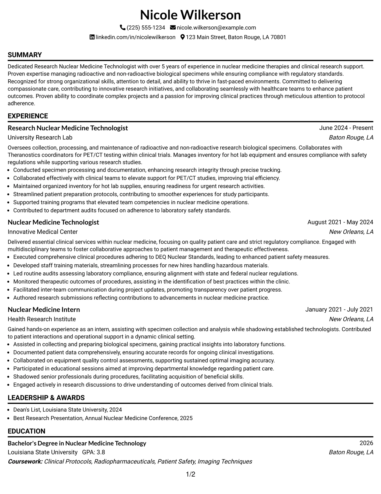 Resume Example Page 1