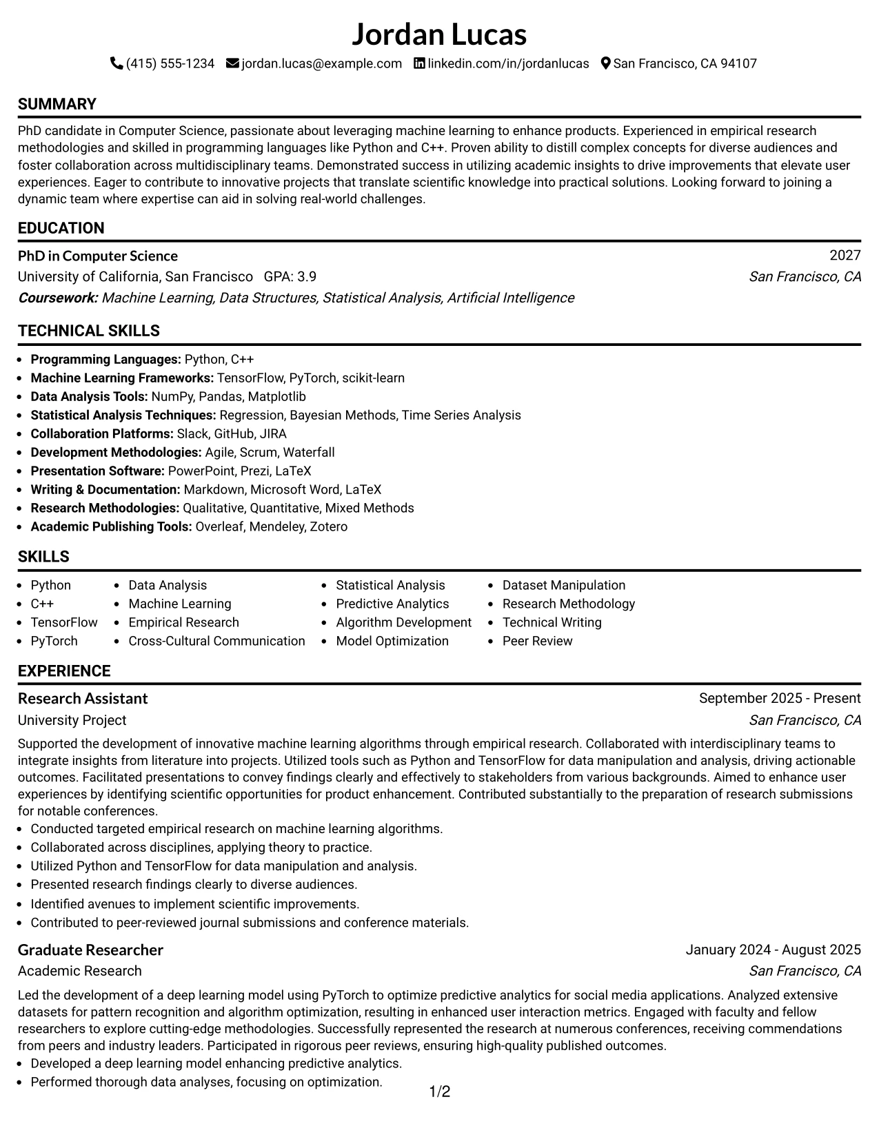 Resume Example Page 1