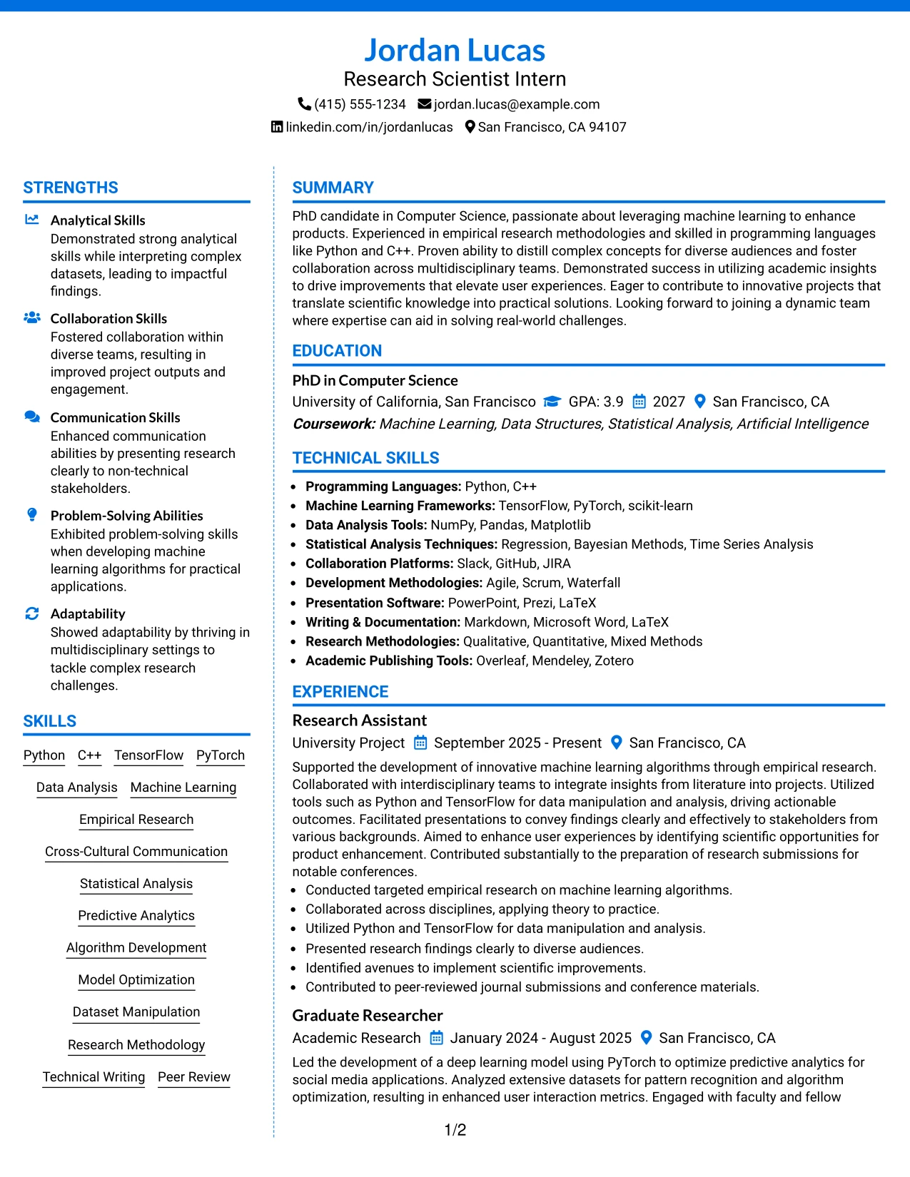 Resume Example Page 1