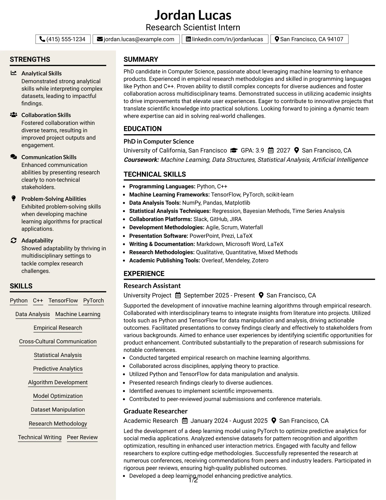 Resume Example Page 1