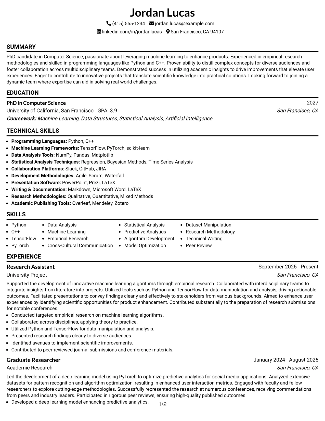 Resume Example Page 1