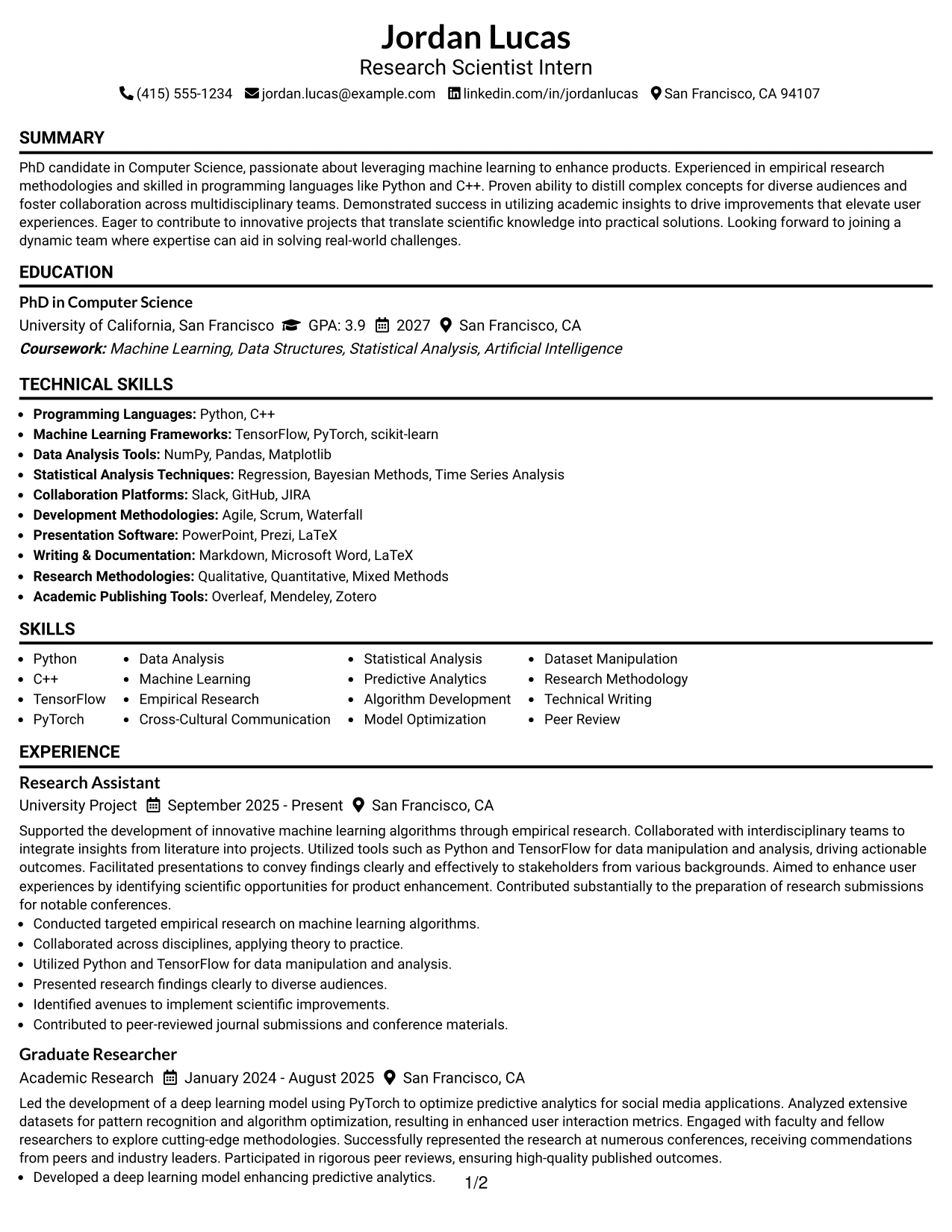 Resume Example Page 1