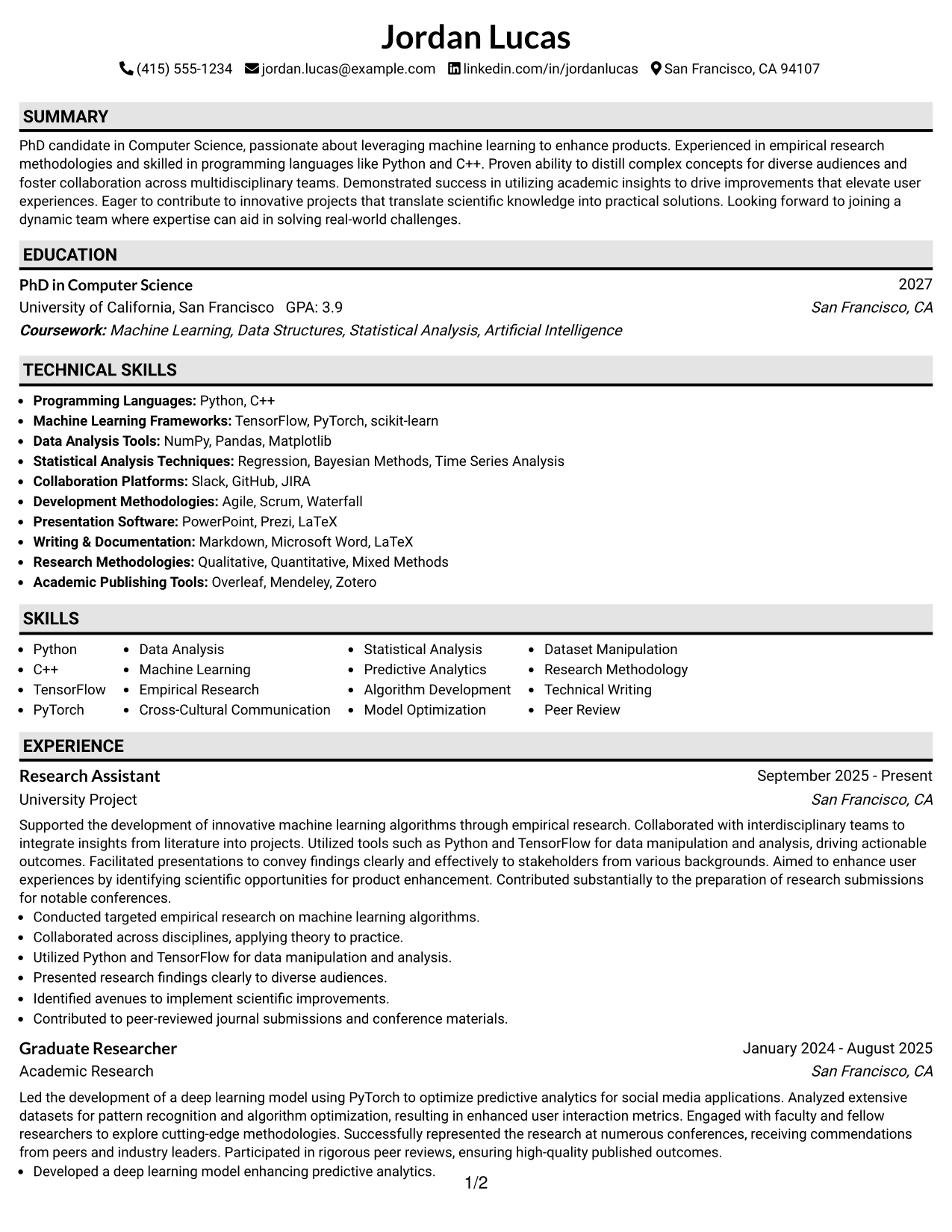 Resume Example Page 1